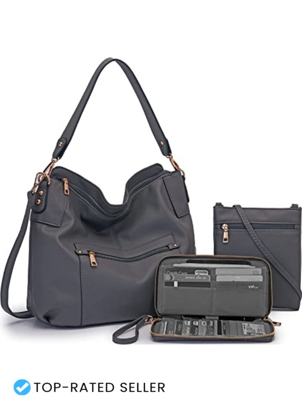 Women's Large Hobo Purse Crossbody Bag and Wallet Set in Faux Leather